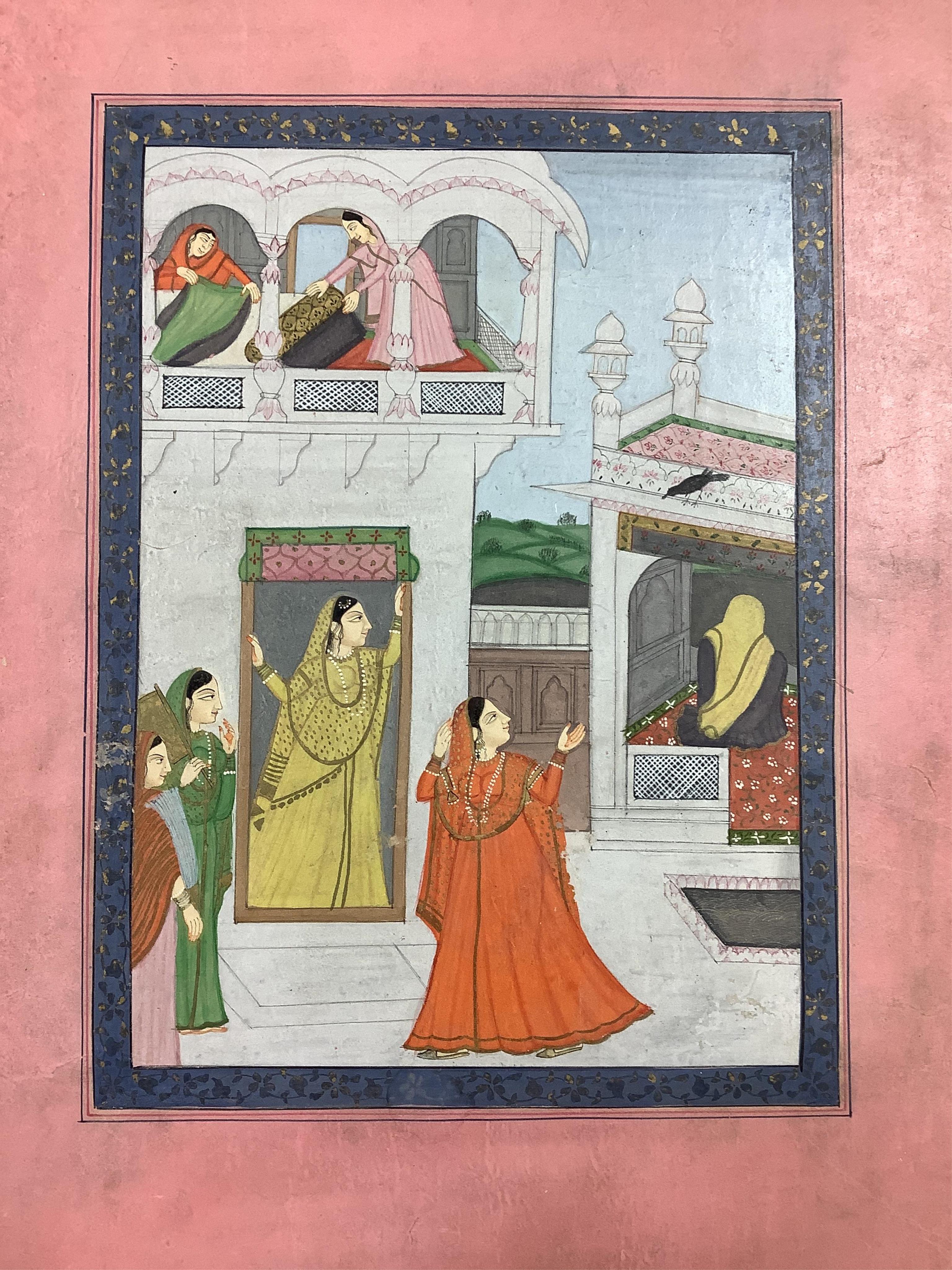 Indian mughal style, Figural studies, portraits and horse racing scene, mounted, seven watercolours, unframed, largest 25 x 13cm